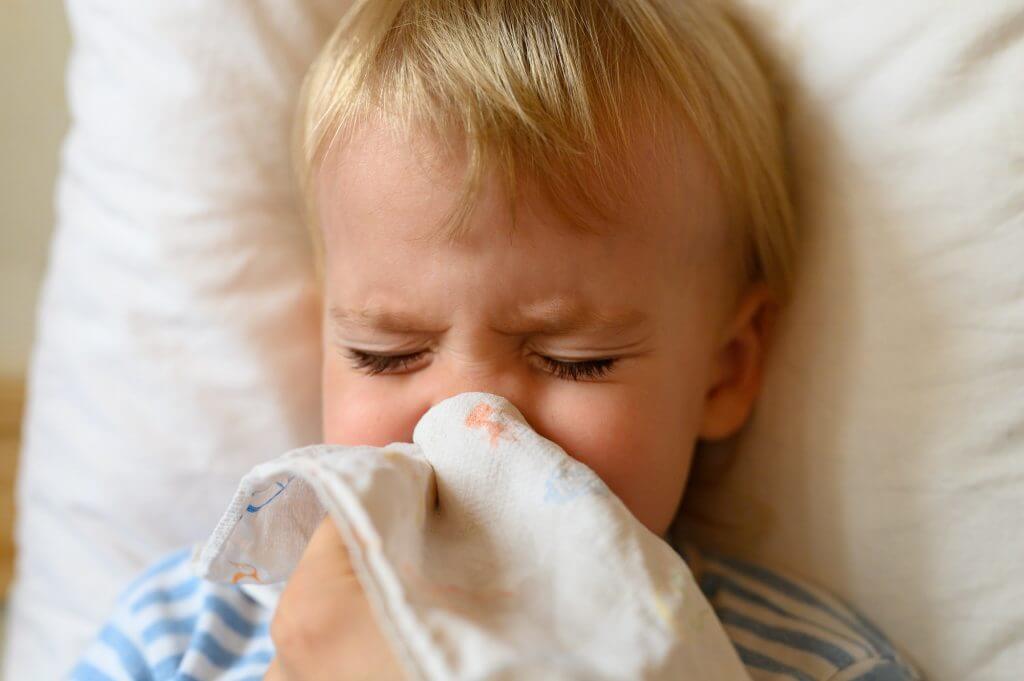 The little boy blows his nose in his handkerchief. Runny nose in a child. The concept of colds